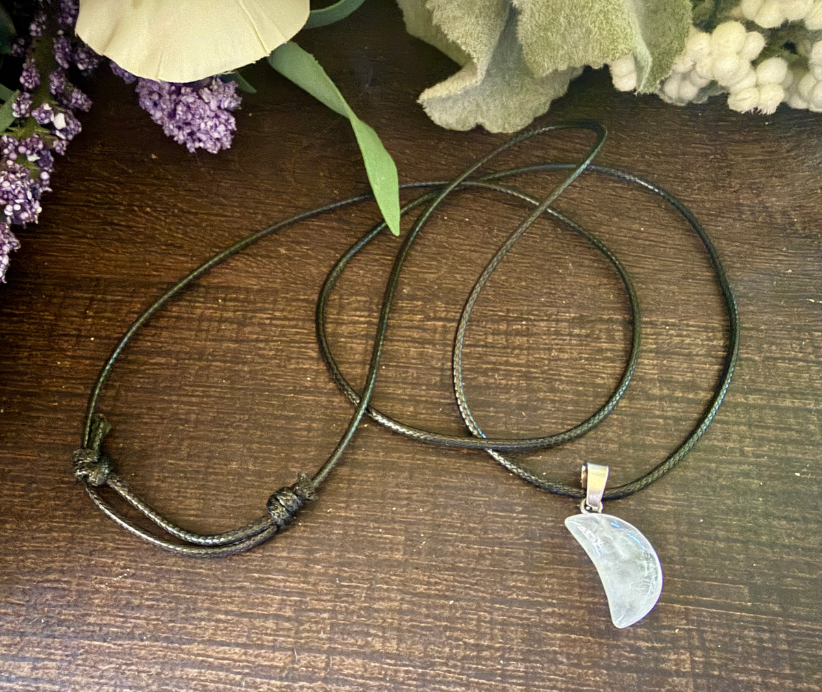 Clear Quartz Moon Cord Necklace 14"