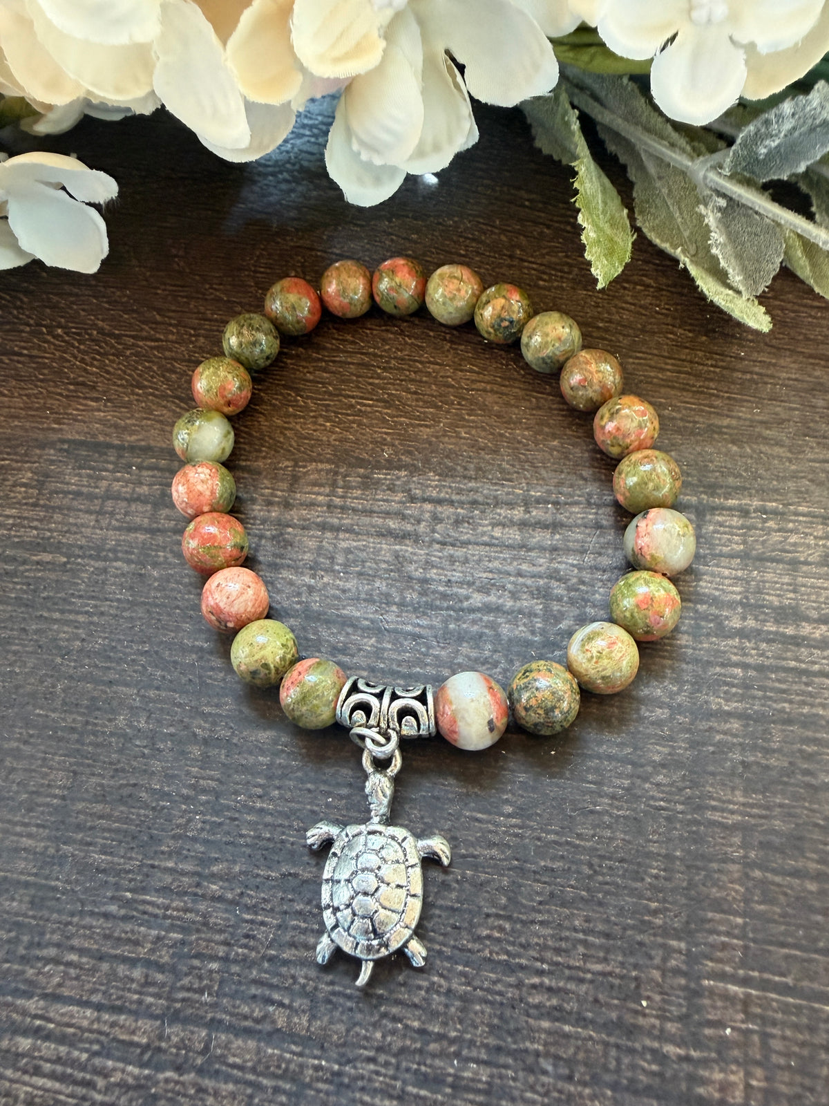 Natural Stone Gem Bracelet 7.5 inch Stretch-Unakite w/ turtle