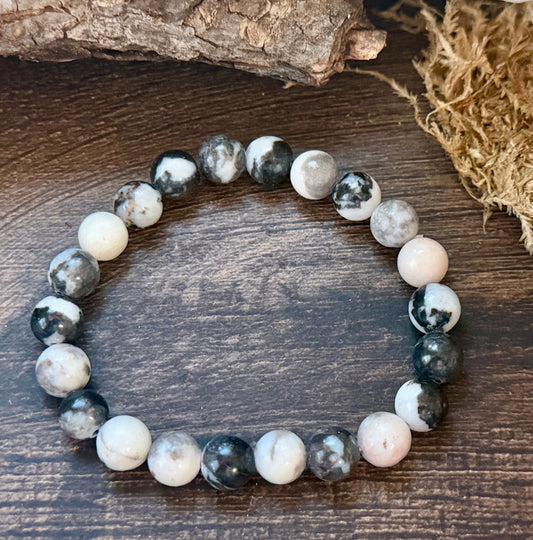 Natural Stone Gem Bracelet 7.5 inch 8mm Stretch-Black Zebra Jasper