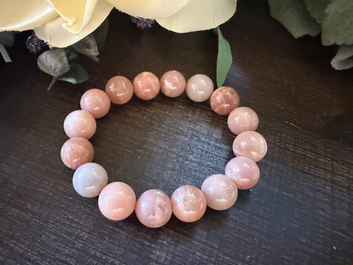 Natural Stone Gem Bracelet 7.5 inch 10mm Stretch- Peach Moonstone