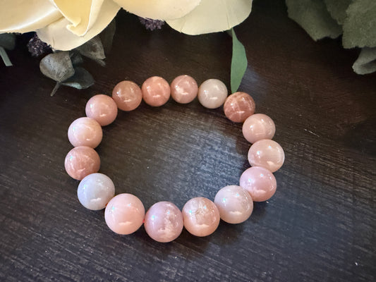 Natural Stone Gem Bracelet 7.5 inch 10mm Stretch- Peach Moonstone