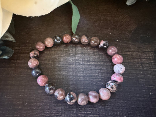 Natural Stone Gem Bracelet 7.5 inch 8mm Stretch-Rhodonite