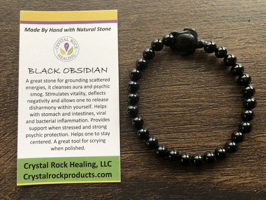 Natural Stone Gem Bracelet 7.5 inch 8mm Stretch-Black Obsidian w/Turtle