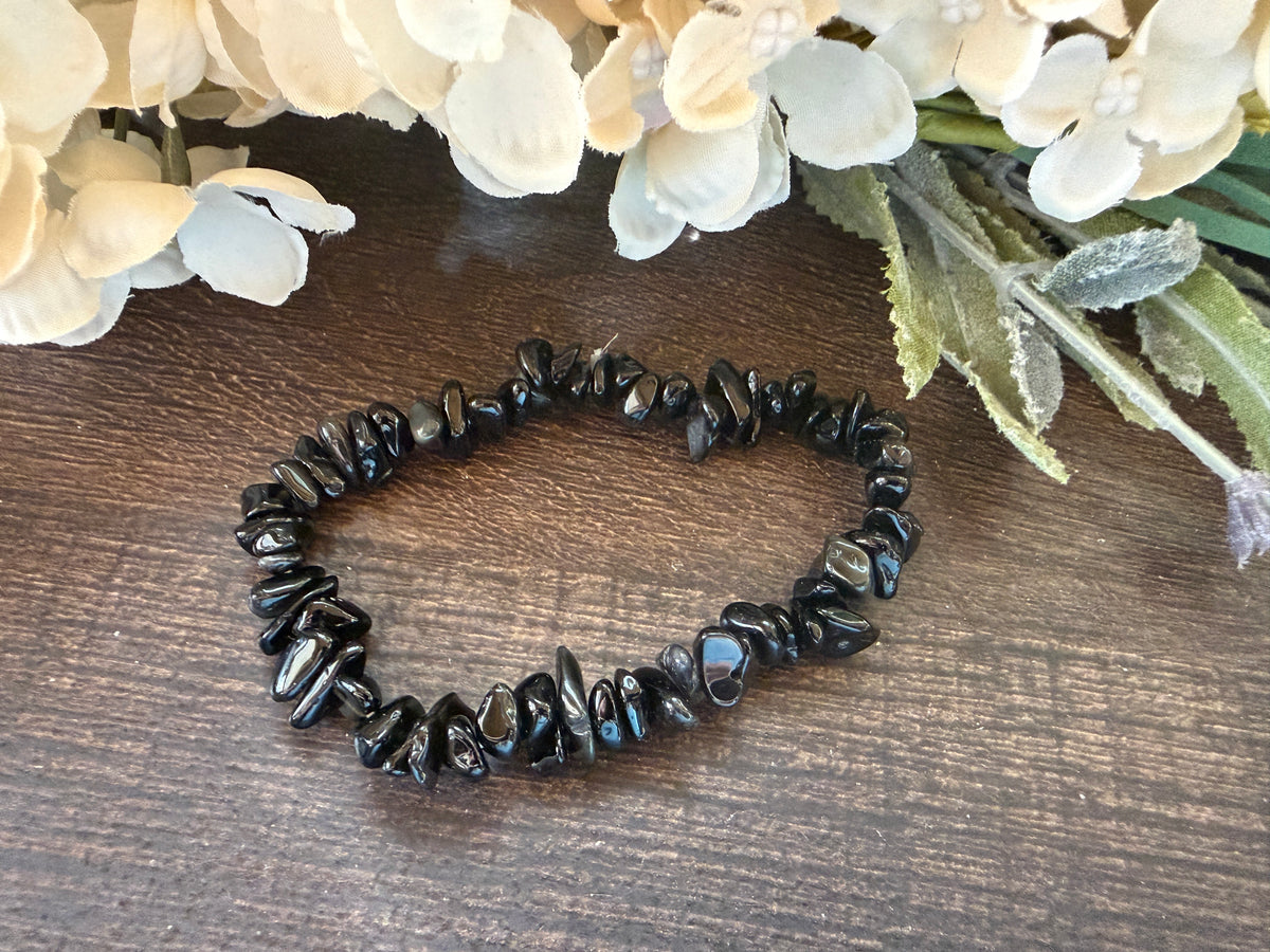 Natural Stone Chip Bracelet 7.5 inch stretch-Black Obsidian