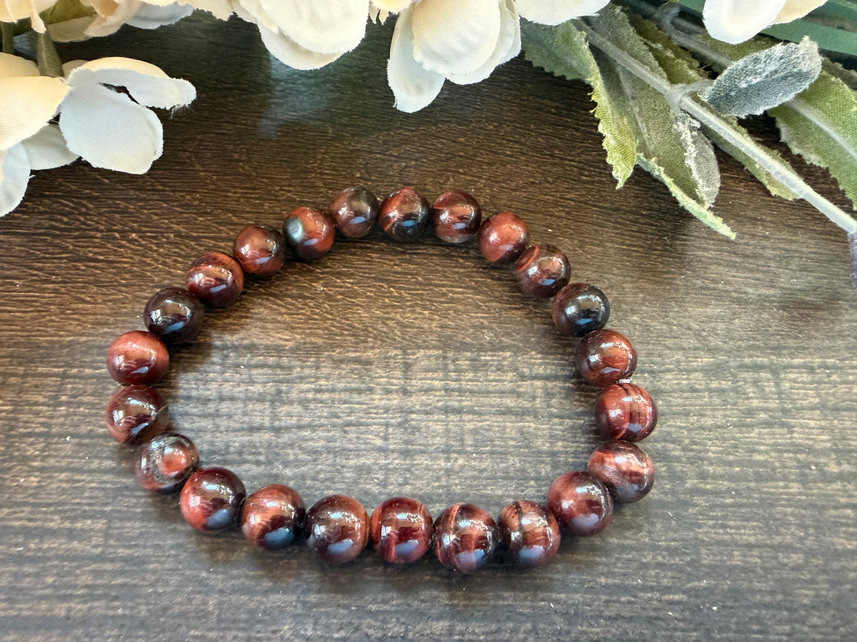 Natural Stone Gem Bracelet 7.5 inch 8mm Stretch-Red Tigers Eye