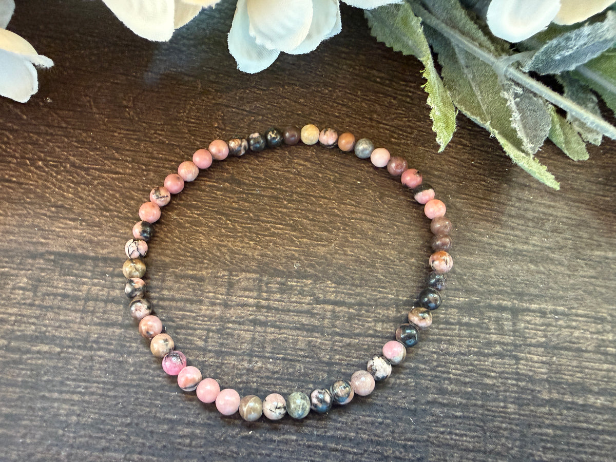 Natural Stone Gem Bracelet 7.5 inch 4mm Stretch-Rhodonite