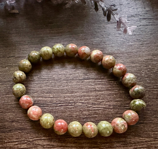 Natural Stone Gem Bracelet 7.5 inch 8mm Stretch-Unakite